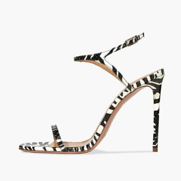 FSJ Shoes - FSJ Black And White Custom Made Zebra-Stripe Ankle Strap High Heel Sandals